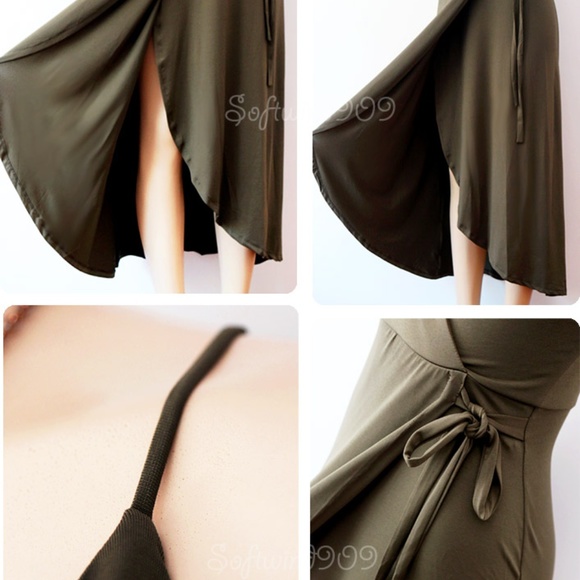 Last☝️ Olive Green Plunge Surplice Maxi Wrap Dress - Picture 4 of 8